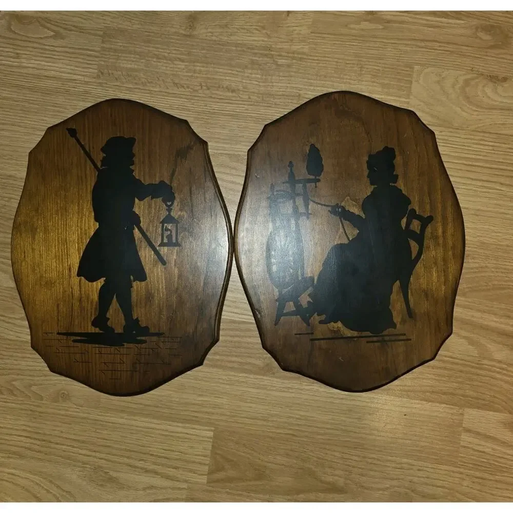 Vintage Wood Black Silhouette Couple Wall Hanging Plaques Farmhouse Rustic 13